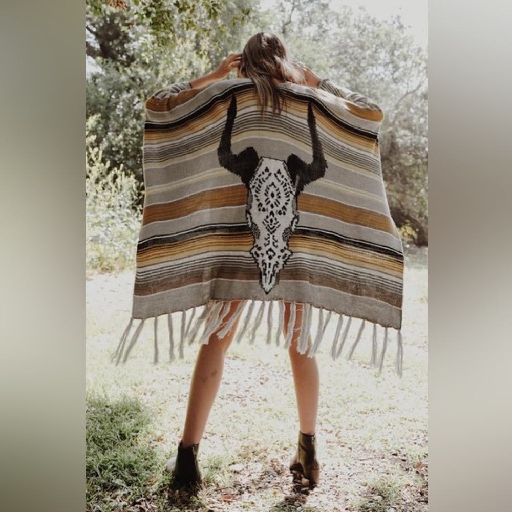 Desert Wanderer Cow Skull Striped Poncho